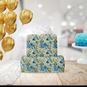 Elegant Dusty Blue Gold Floral Watercolor Wrapping Paper