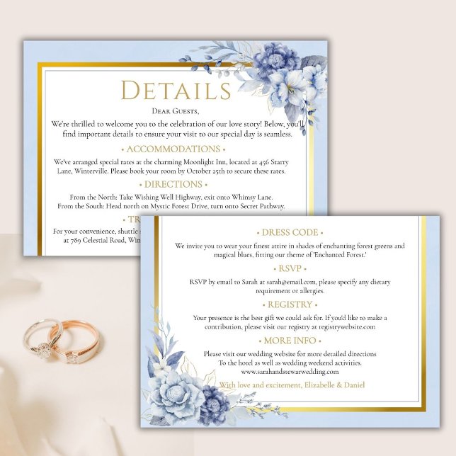 Elegant Dusty blue gold Floral wedding details  Enclosure Card (Creator Uploaded)