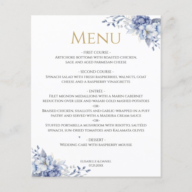 Elegant Dusty Blue Gold Floral Wedding Dinner Menu (Front)