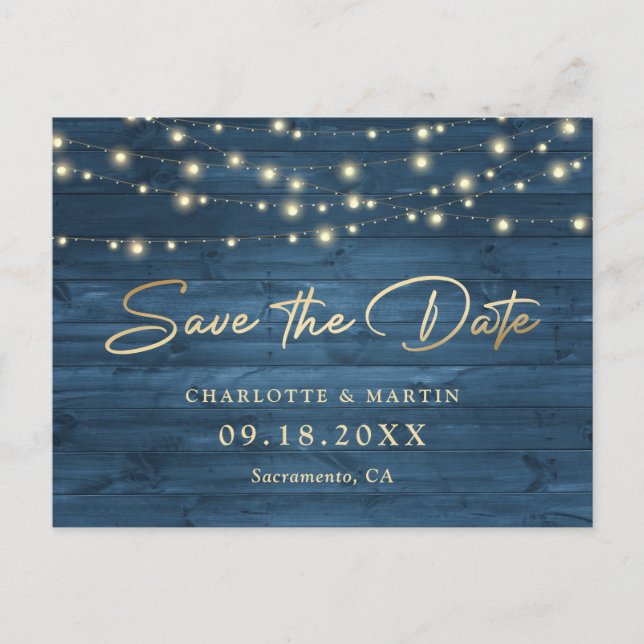 Elegant Dusty Blue Gold Foil Wood Save The Date Announcement Postcard (Front)