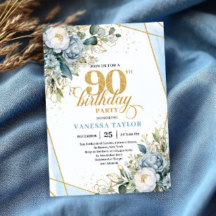 Elegant dusty blue gold frame floral 90th birthday invitation