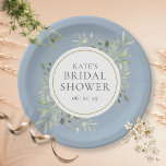 Elegant Dusty Blue Gold Greenery Bridal Shower  Paper Plate<br><div class="desc">Featuring delicate watercolor greenery leaves on a dusty blue background,  these chic botanical bridal shower paper plates can be personalised with your special bridal shower details. Designed by Thisisnotme©</div>