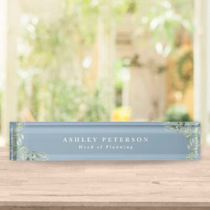 Elegant Dusty Blue Gold Greenery Desk Name Plate