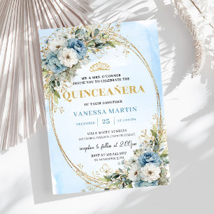 Elegant Dusty Blue Gold Greenery Quinceañera  Invitation