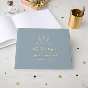 Elegant Dusty Blue & Gold Grest Monogram Wedding Guest Book