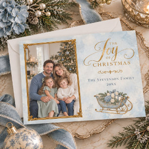 Elegant Dusty Blue Gold Joy Christmas Family Photo Holiday Card