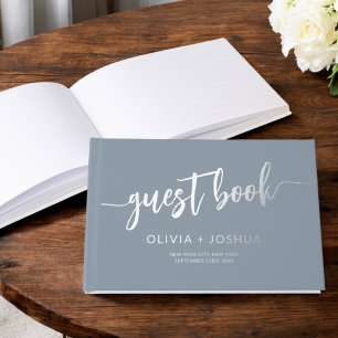 Elegant Dusty Blue Gold Modern Minimalist Guest Book