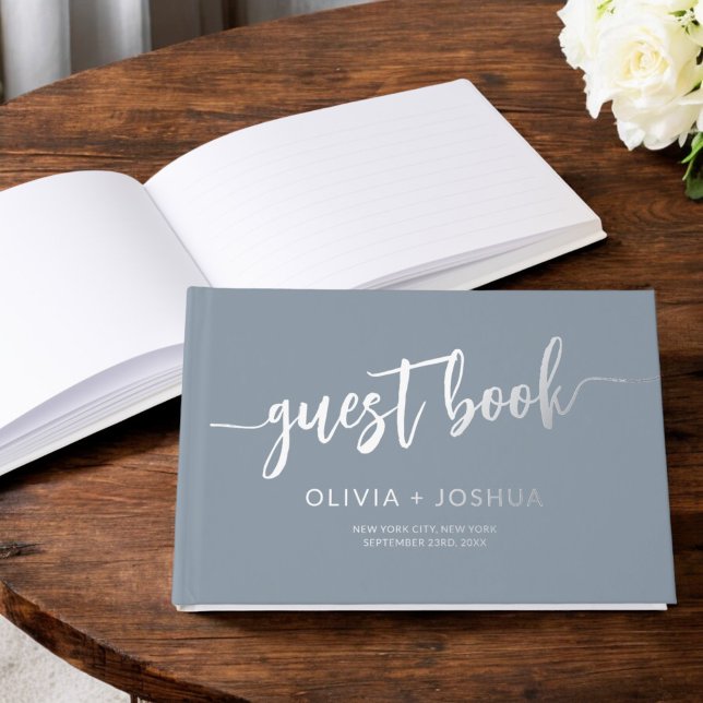 Elegant Dusty Blue Gold Photo Minimalist Guest Book (Creator Uploaded)