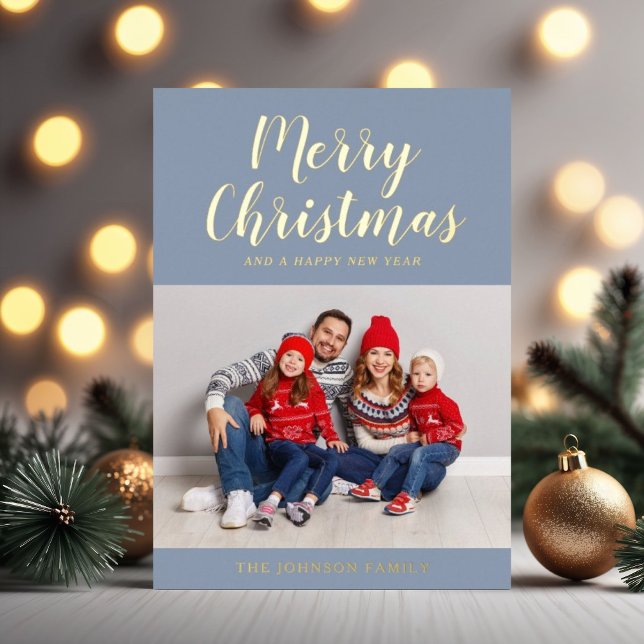 Elegant Dusty Blue Gold Script Christmas Photo (Elegant Blue Gold Script Christmas One Photo Foil Holiday Card)