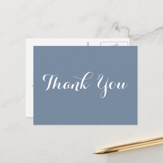 Elegant Dusty Blue Gold Script Wedding Thank You Postcard (Front/Back In Situ)