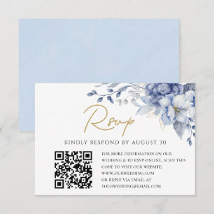 Elegant Dusty Blue gold  Wedding QR code RSVP Card