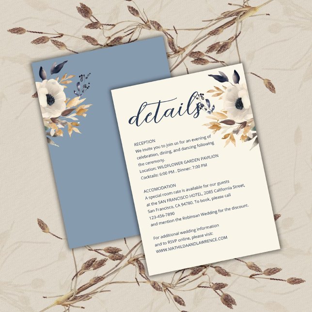 Elegant Dusty Blue Gold Winter Floral Wedding  Enclosure Card (Elegant Dusty Blue Gold Winter Floral Wedding Enclosure Card)