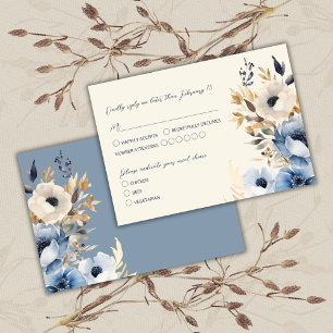 Elegant Dusty Blue Gold Winter Floral Wedding RSVP Card