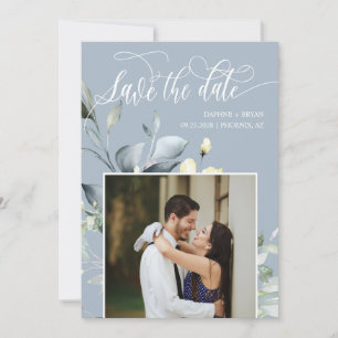 Elegant Dusty Blue Green Leaves QR Code Photo Save The Date