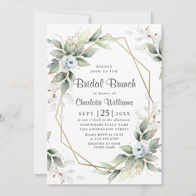 Elegant Dusty Blue  Greenery Bridal Brunch Invitation (Front)