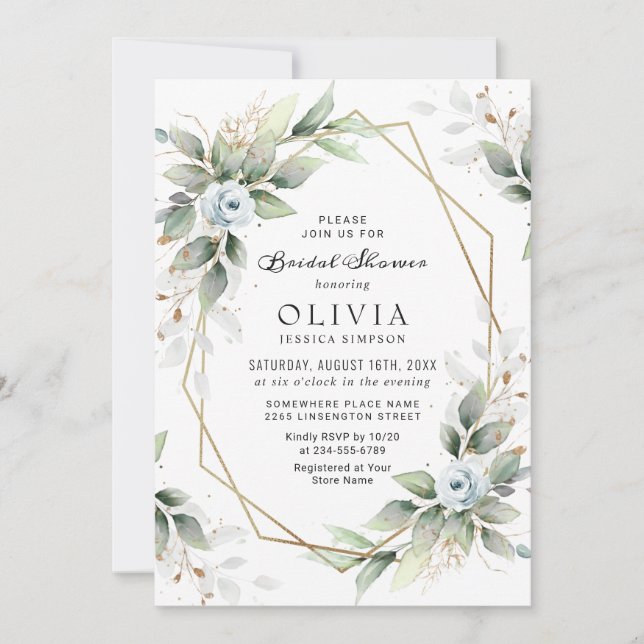 Elegant Dusty Blue  Greenery Bridal Shower Invitation (Front)