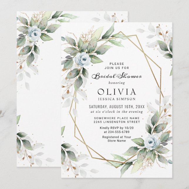 Elegant Dusty Blue  Greenery Bridal Shower Invitation (Front/Back)