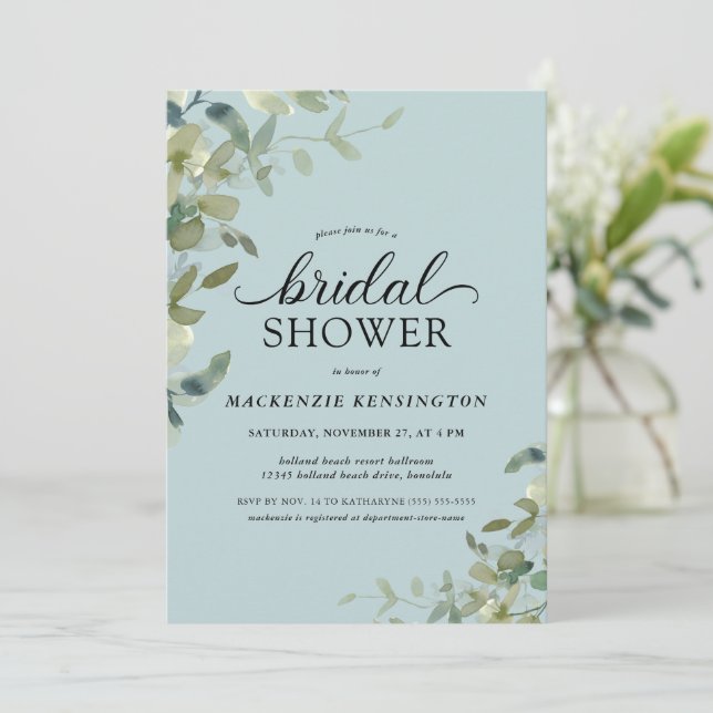 Elegant Dusty Blue Greenery Bridal Shower  Invitation (Standing Front)