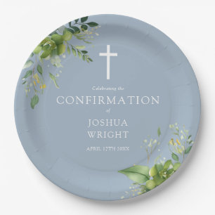 Elegant Dusty Blue Greenery Confirmation Paper Plate