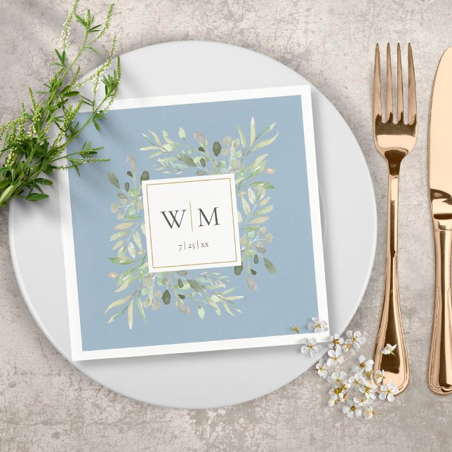 Elegant Dusty Blue Greenery Gold Monogram Napkin (Creator Uploaded)