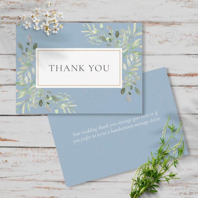 Elegant Dusty Blue Greenery Leaves Wedding Thank You Card (Creator Uploaded)