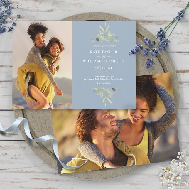Elegant Dusty Blue Greenery Photos Wedding Invitation (Elegant Dusty Blue Greenery Photos Wedding Invitation)