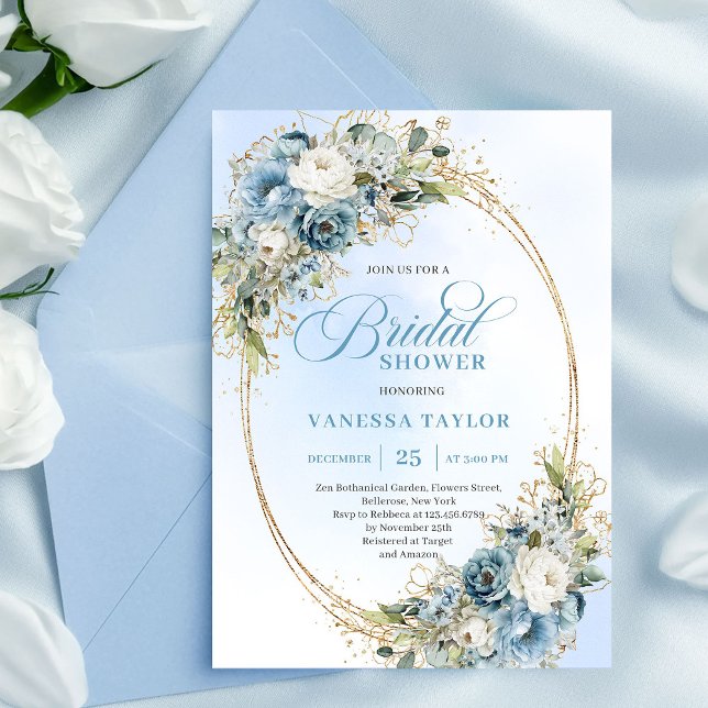Elegant Dusty Blue Greenery Script Bridal Shower  Invitation (Elegant Dusty Blue Greenery Script Bridal Shower Invite)