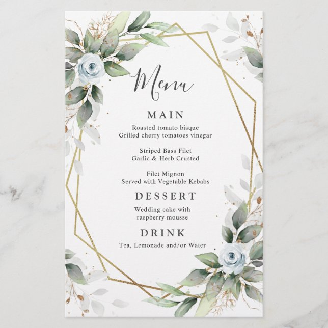 Elegant Dusty Blue Greenery Wedding Dinner Menu (Front)