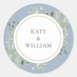 Elegant Dusty Blue Greenery Wedding Gold Favour Classic Round Sticker
