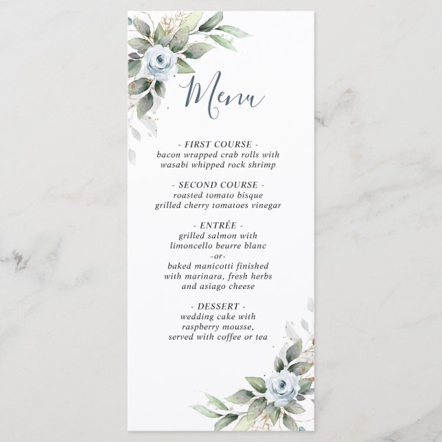 Elegant Dusty Blue Greenery Wedding Menu Card (Front)