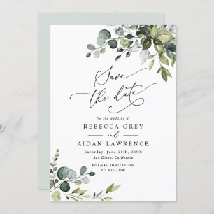 Elegant Dusty Blue Greenery Wedding Save the Date Invitation