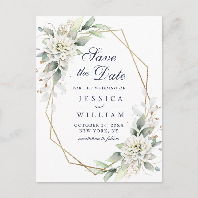 Elegant Dusty Blue  Greenery Wedding Save the Date Postcard (Front)