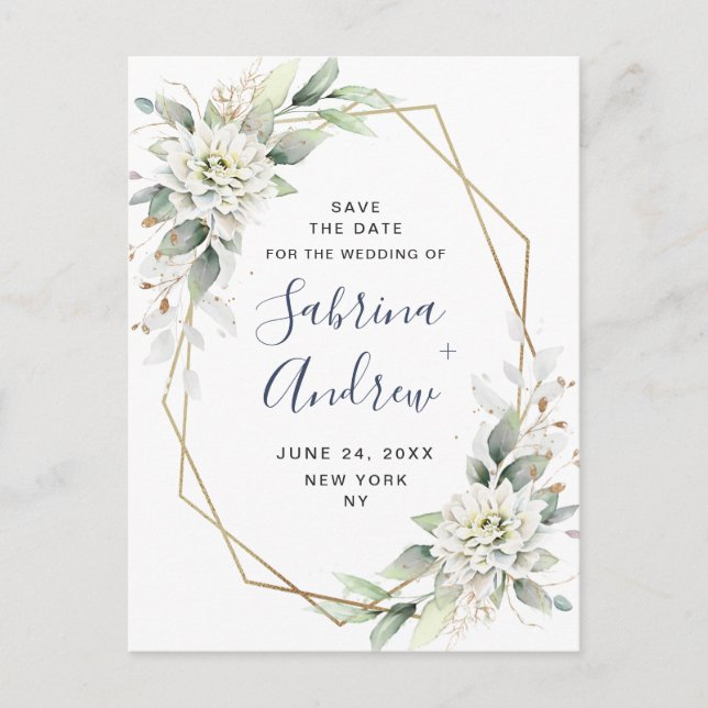 Elegant Dusty Blue Greenery Wedding Save the Date Postcard (Front)
