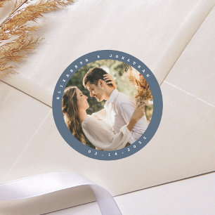 Elegant Dusty Blue Grey Couple Photo Wedding Favou Classic Round Sticker