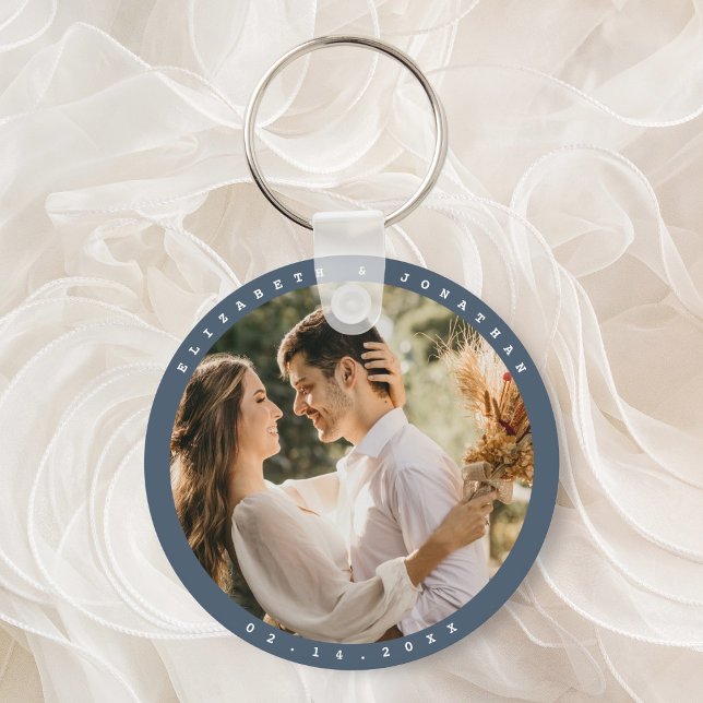 Elegant Dusty Blue Grey Couple Photo Wedding Favou Key Ring (Creator Uploaded)