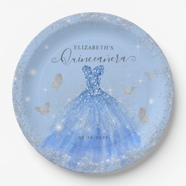 Elegant Dusty Blue Grey Glitter Gown Quinceañera Paper Plate (Front)