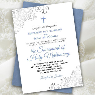 Elegant Dusty Blue & Grey Modern Catholic Wedding Invitation