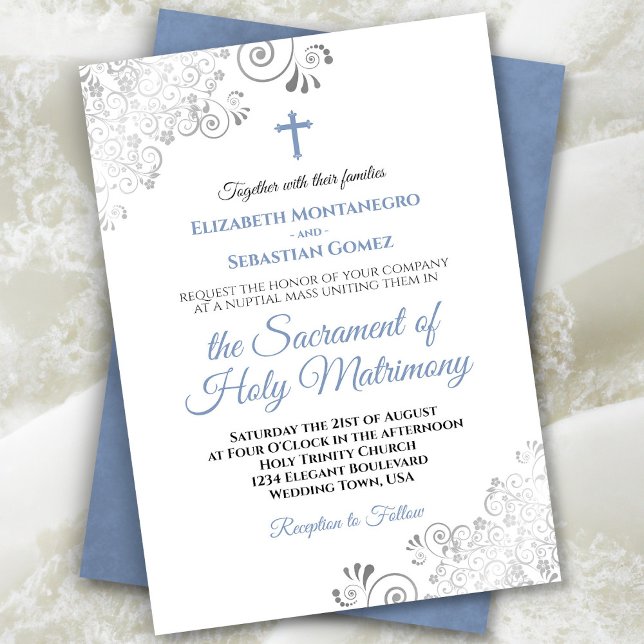 Elegant Dusty Blue & Grey Modern Catholic Wedding Invitation (In Situ Front/Back)