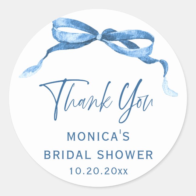 Elegant Dusty Blue Hand Drawn Bow Bridal Shower Classic Round Sticker (Front)