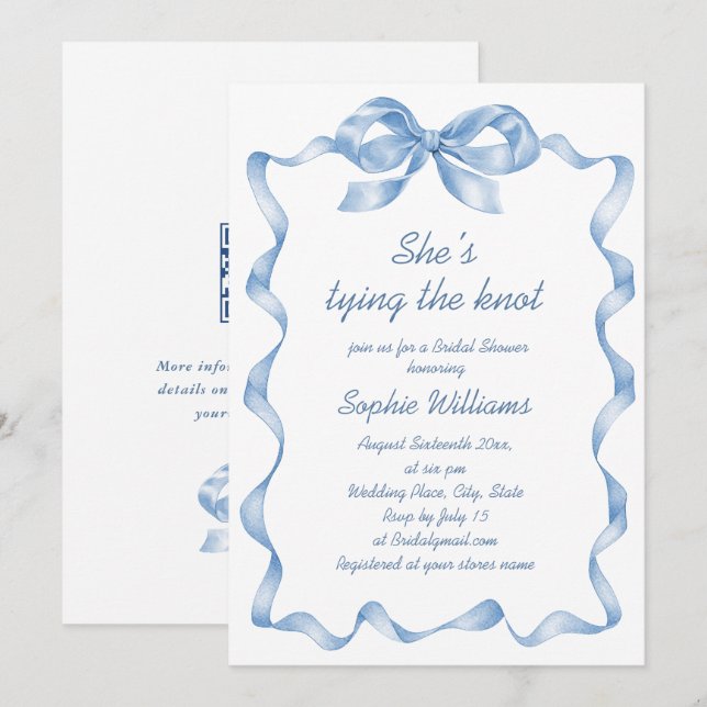Elegant Dusty Blue Hand Drawn Bow Bridal Shower Invitation (Front/Back)