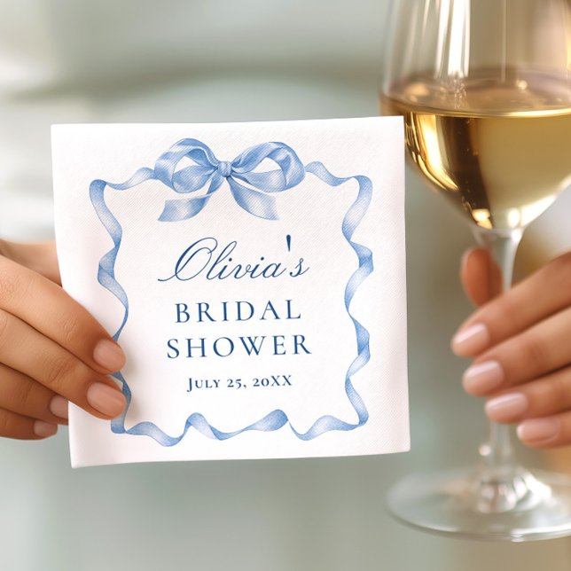 Elegant Dusty Blue Hand Drawn Bow Bridal Shower Napkin (Creator Uploaded)