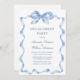 Elegant Dusty Blue Hand Drawn Bow Engagement Party Invitation