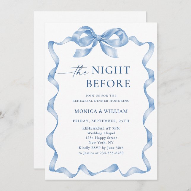 Elegant Dusty Blue Hand Drawn Bow Rehearsal Dinner Invitation (Front/Back)