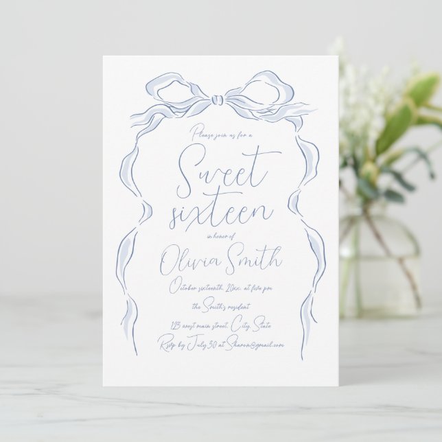 Elegant Dusty Blue Hand Drawn Bow Sweet Sixteen Invitation (Standing Front)