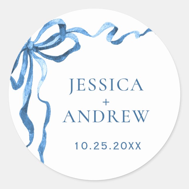 Elegant Dusty Blue Hand Drawn Bow Wedding Classic Round Sticker (Front)
