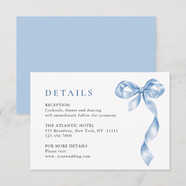 Elegant Dusty Blue Hand Drawn Bow Wedding Details Enclosure Card (Front/Back)