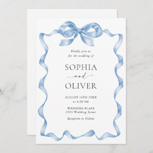 Elegant Dusty Blue Hand Drawn Bow Wedding Invitation
