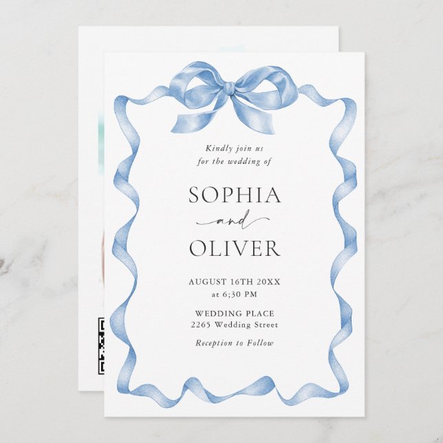 Elegant Dusty Blue Hand Drawn Bow Wedding Invitation (Front/Back)
