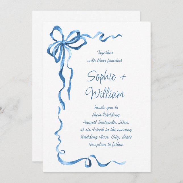 Elegant Dusty Blue Hand Drawn Bow Wedding Invitation (Front/Back)