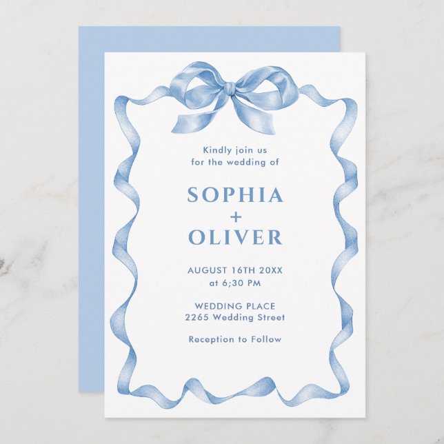 Elegant Dusty Blue Hand Drawn Bow Wedding Invitation (Front/Back)